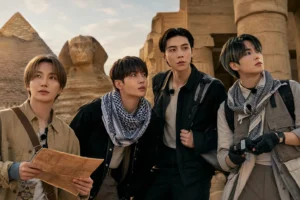 Editorial image representing a K-pop travel variety show challenge in Cairo, Egypt