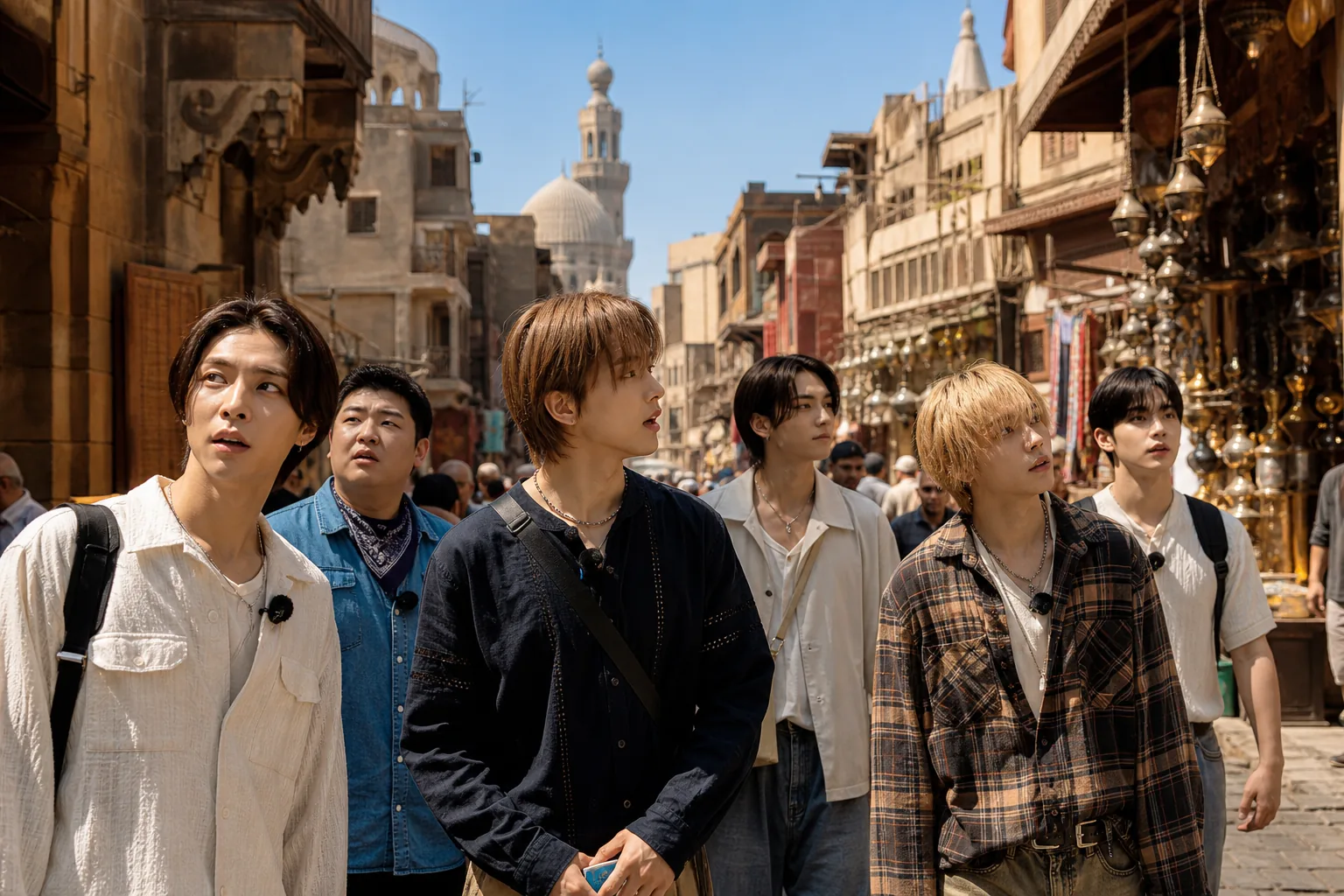Contestants navigating a lively Cairo street during a travel variety mission