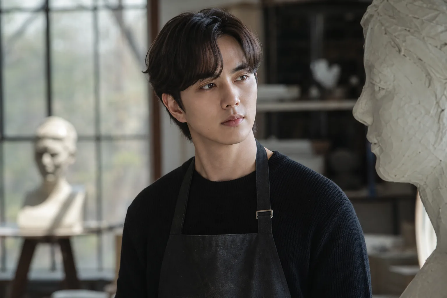 Dramatic Korean crime drama scene with a detective and cinematic production lights