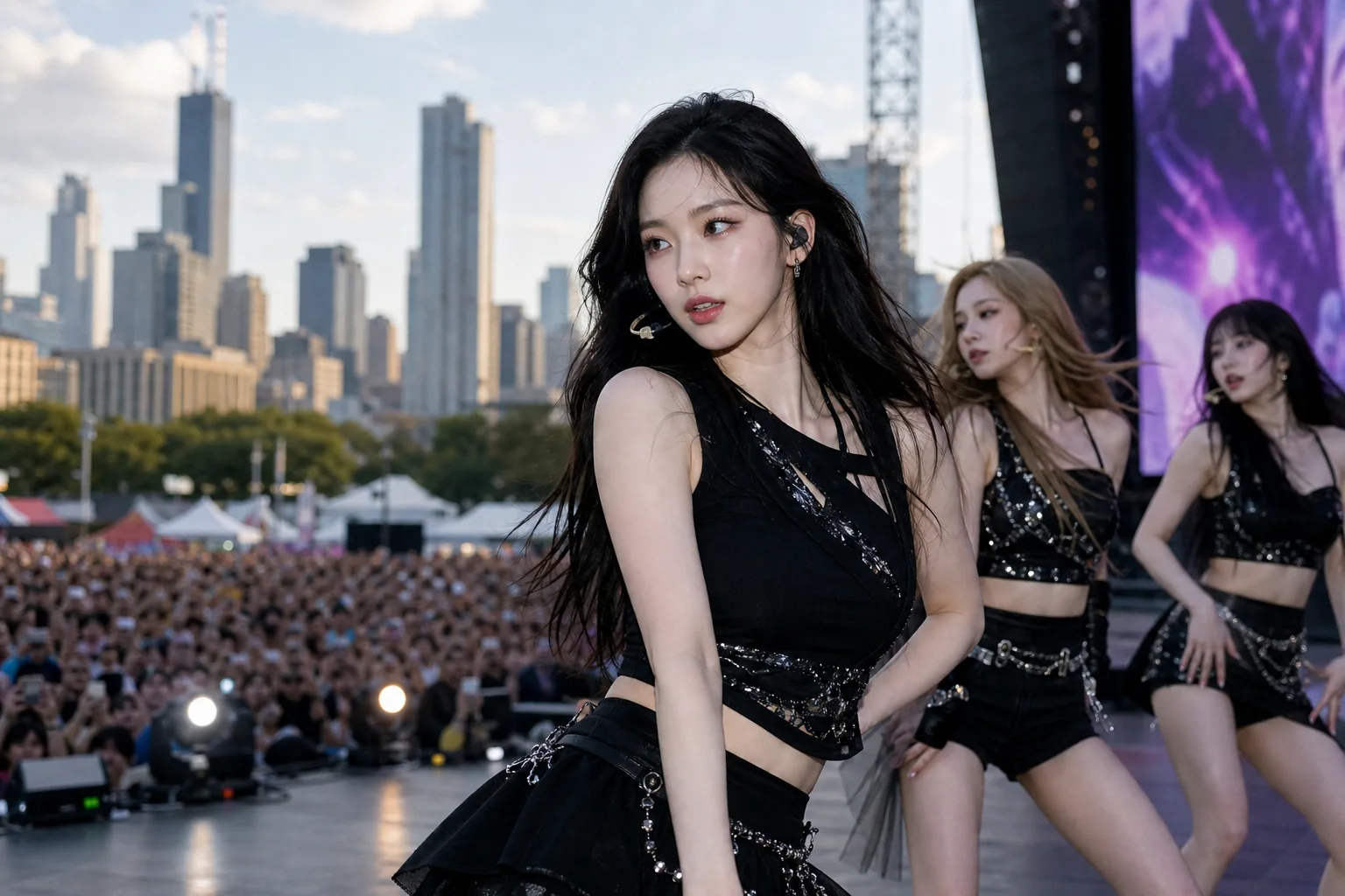 Female K-pop performer under festival lights during a live set