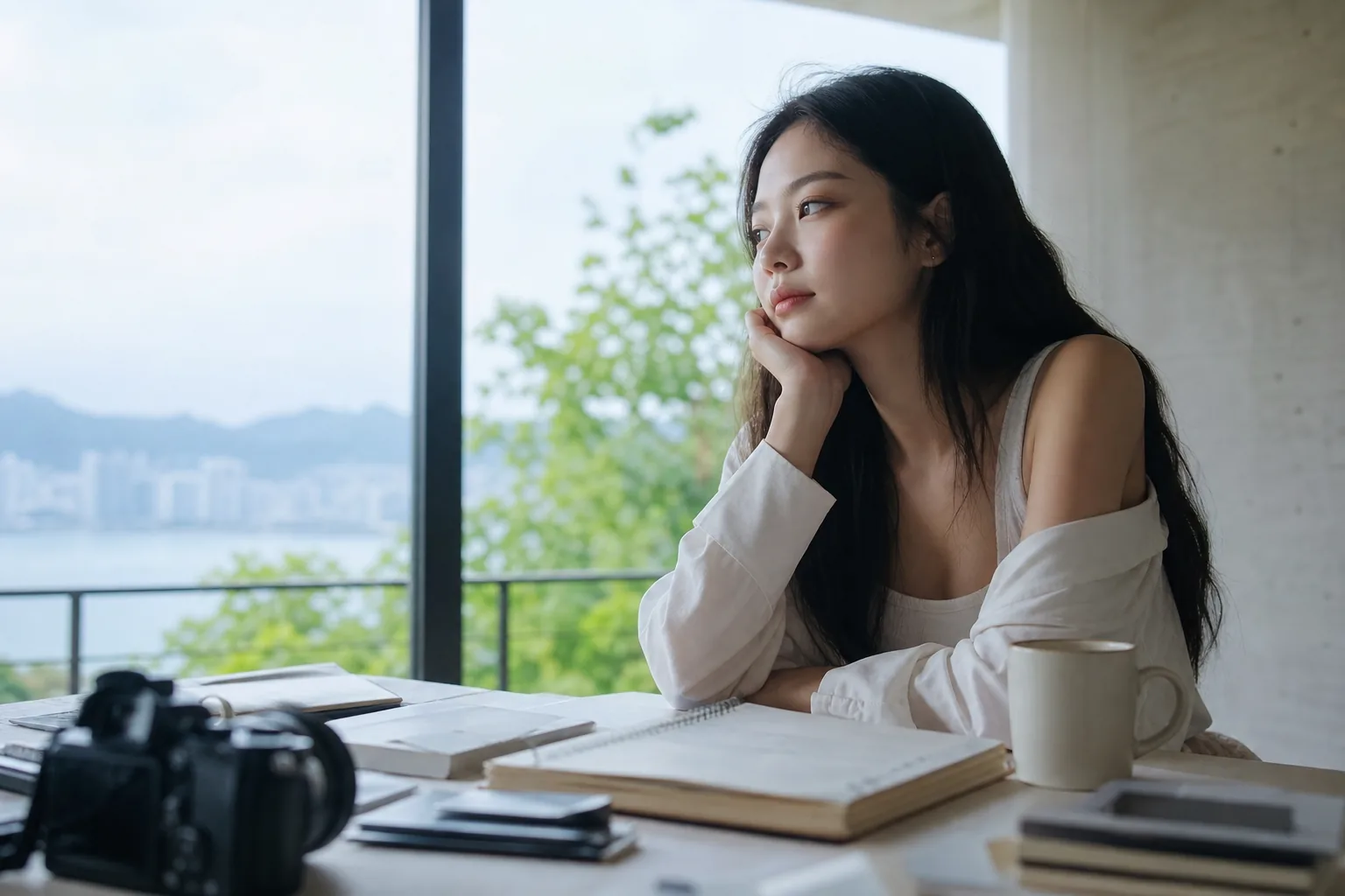 Editorial image of a singer taking quiet time in a European travel setting
