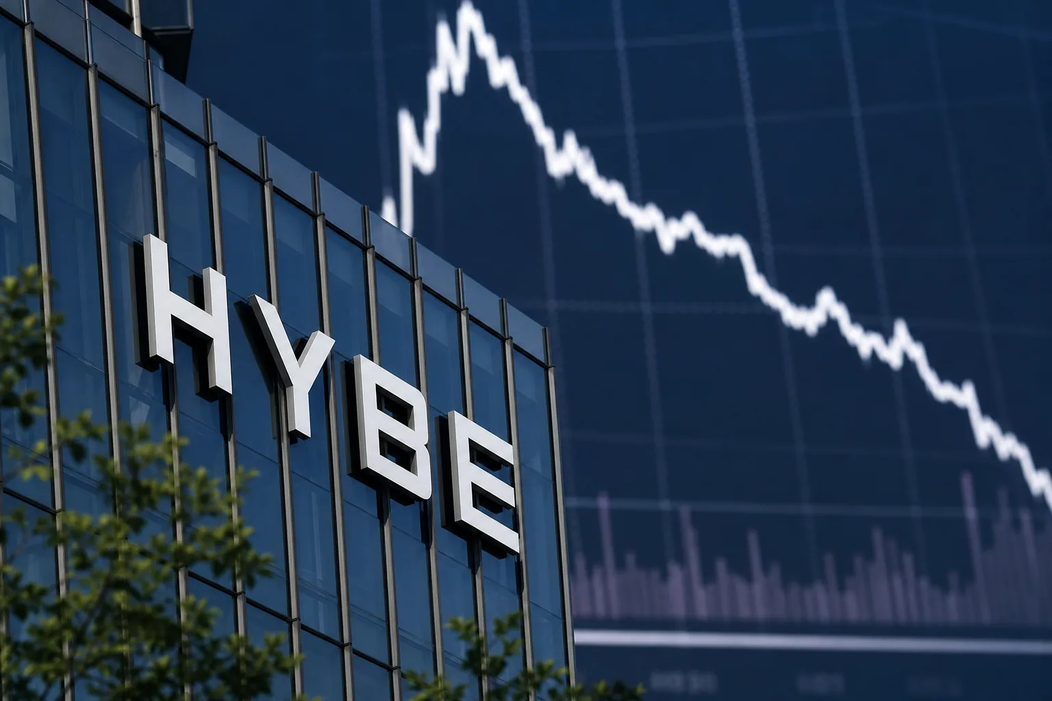Financial chart and concert lighting representing HYBE's record quarterly performance