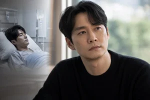 Editorial illustration of a Korean actor reflecting on recovery in a calm studio setting