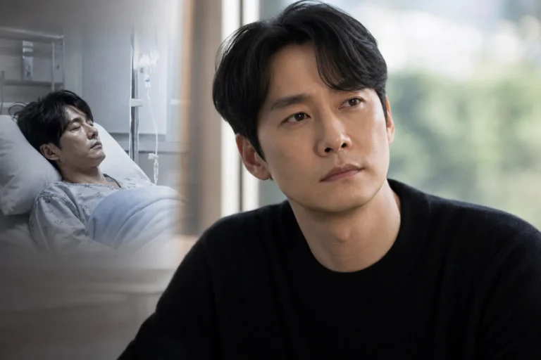 Editorial illustration of a Korean actor reflecting on recovery in a calm studio setting