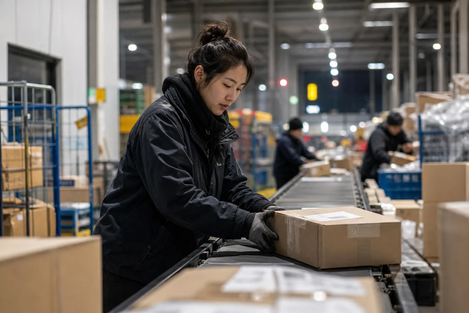 Editorial visualization of an early morning logistics center work shift