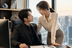 Modern Korean office romance drama visual with three professionals
