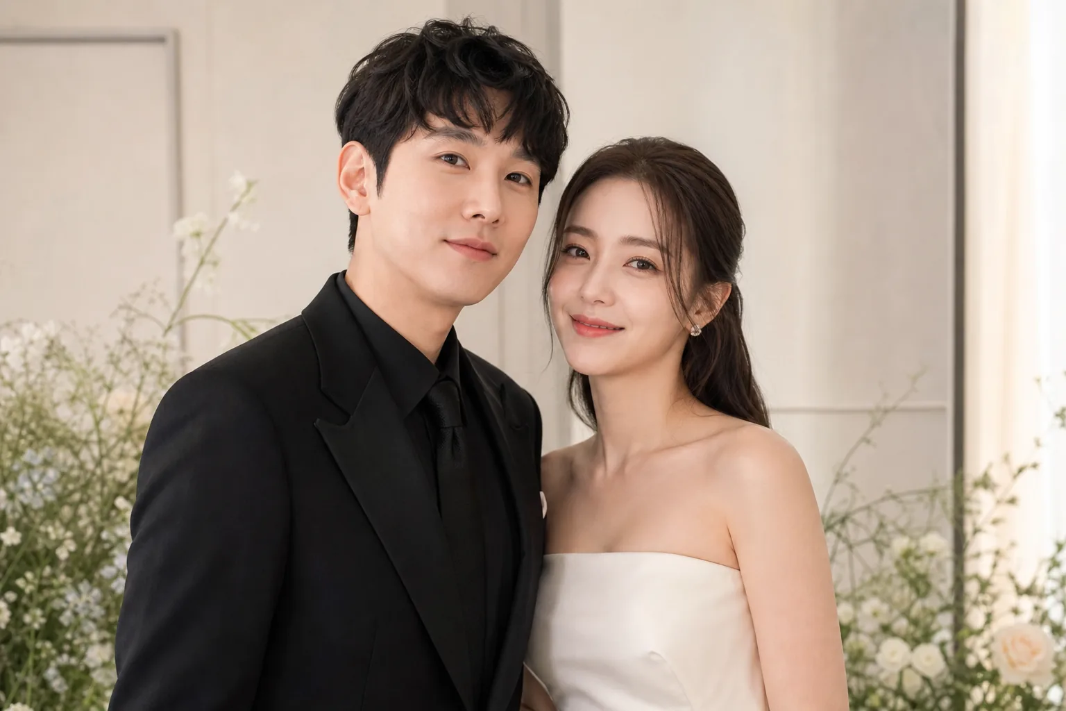 Korean music stage lights and wedding flowers symbolizing a singer beginning a new chapter