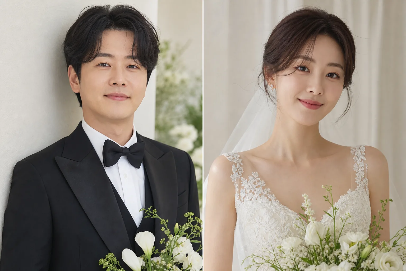Warmly lit Korean wedding aisle with white floral arrangements