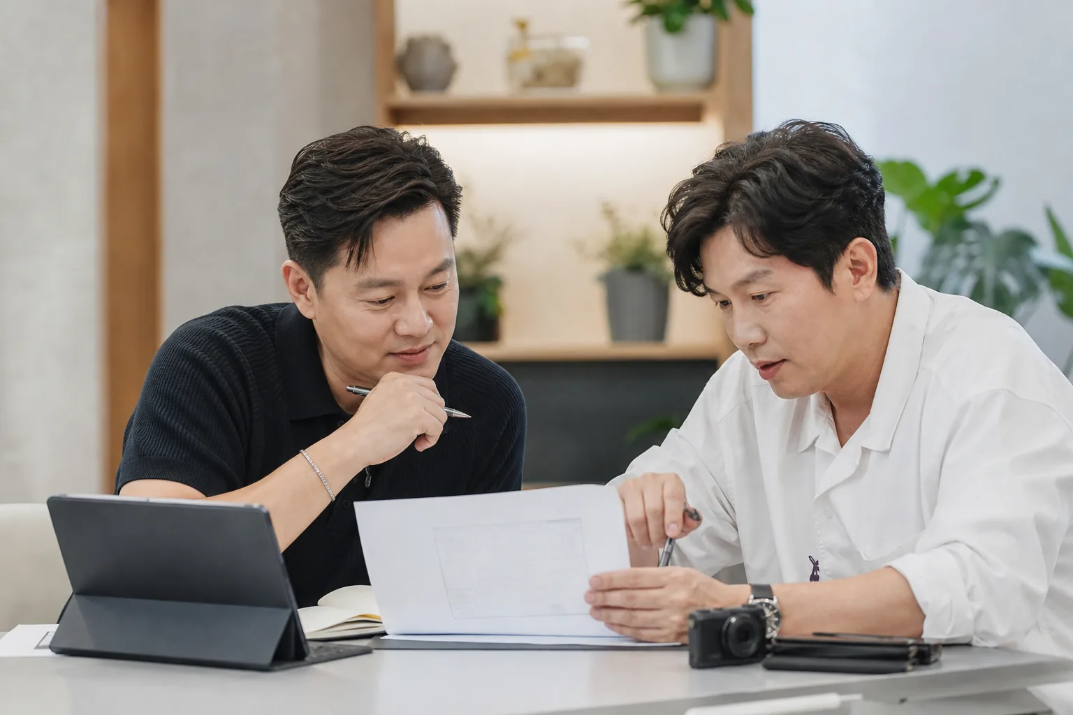 Korean variety show hosts preparing a guest’s schedule behind the scenes