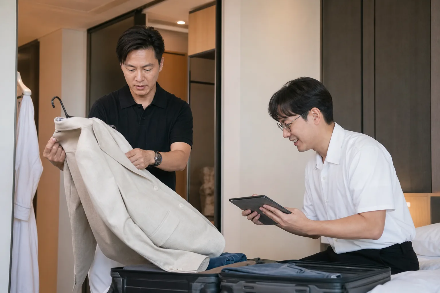 Warm studio conversation between a celebrity guest and Korean variety show hosts