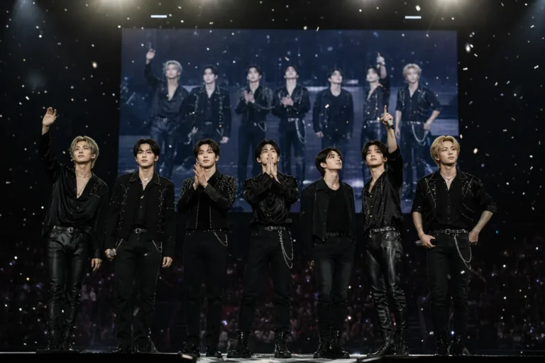 A K-pop boy group performing under concert lights in a large arena