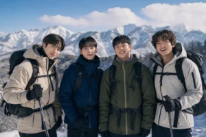 Snow-covered mountain trail at dawn for Korean variety show Take A Hike!