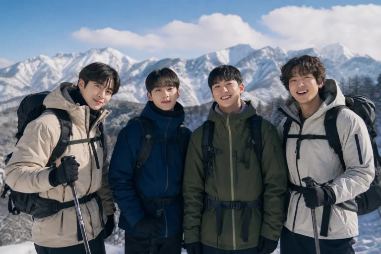 Snow-covered mountain trail at dawn for Korean variety show Take A Hike!