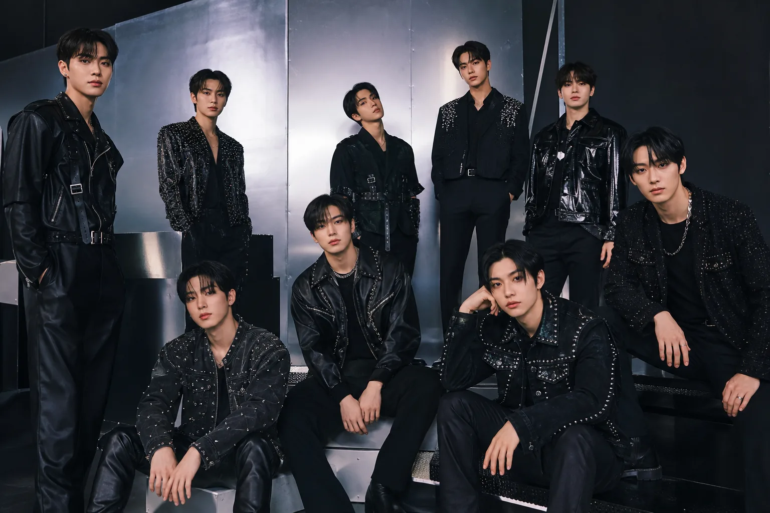 K-pop group preparing for a milestone album release in a modern studio