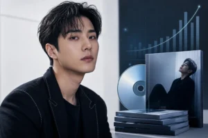 Editorial illustration of a K-pop solo artist celebrating an album sales milestone