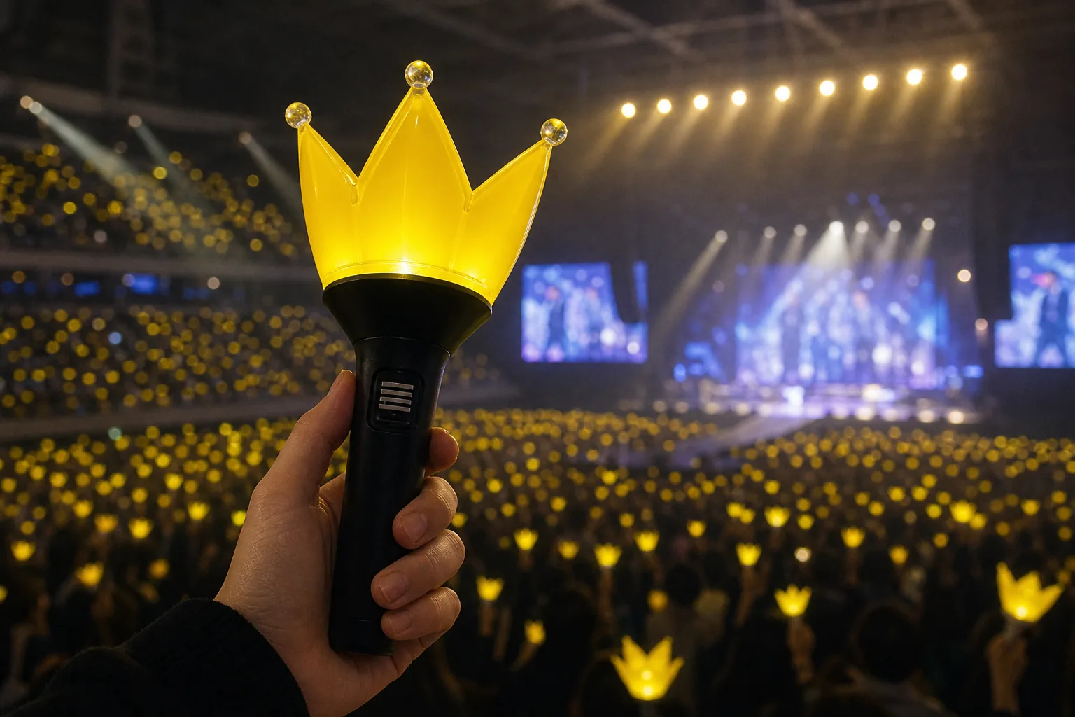 Wide concert arena illuminated by synchronized fan lights
