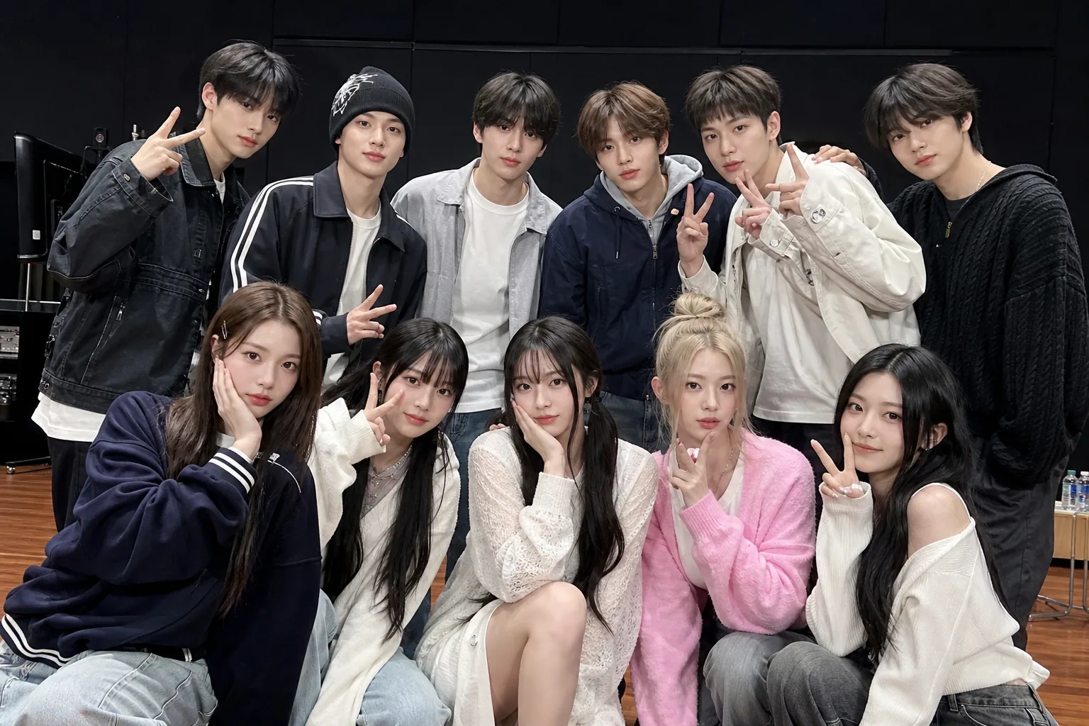 Modern K-pop performance setting illustrating competition among emerging idol groups