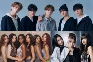 Editorial image representing young K-pop and global pop artists reaching new milestones