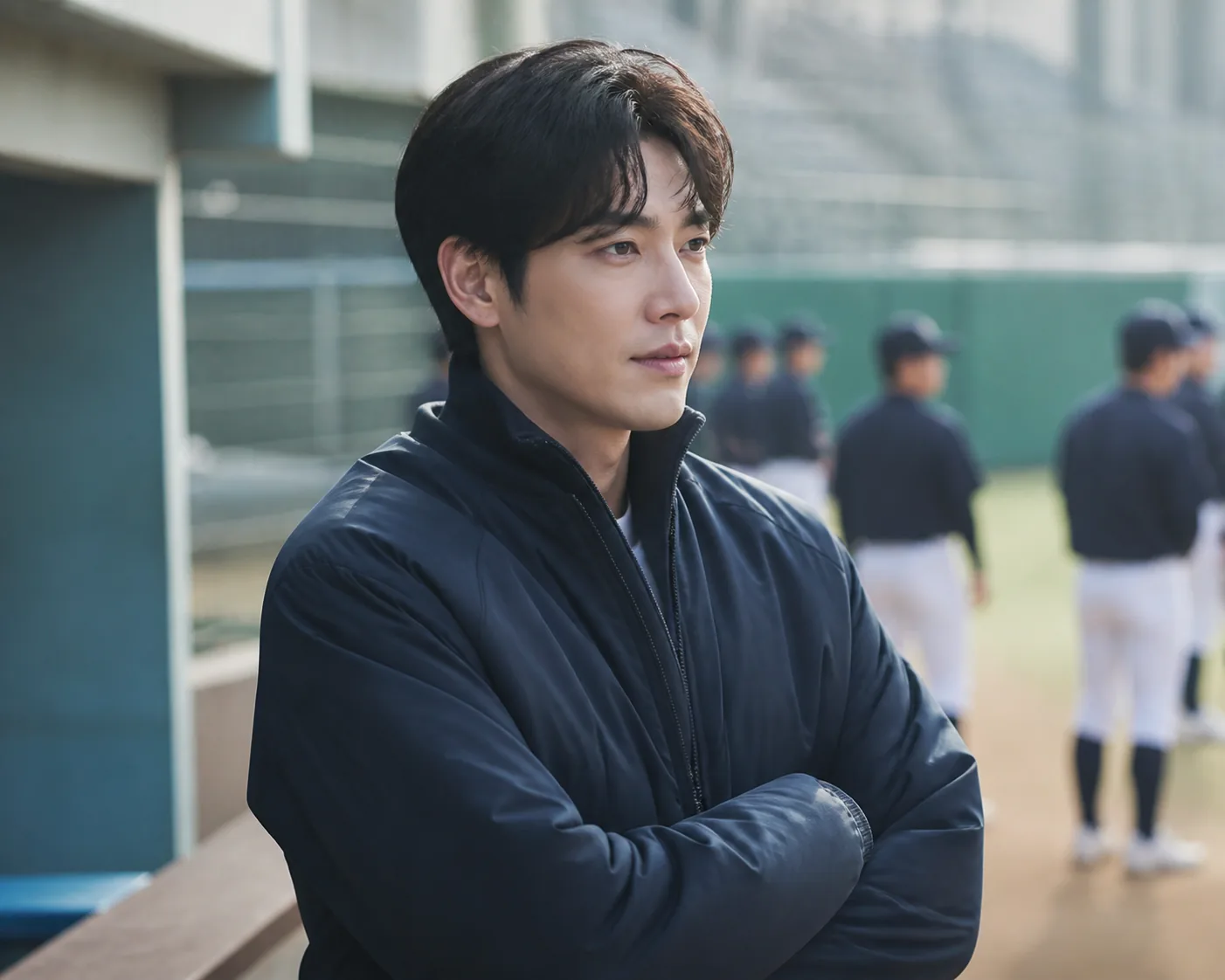 Baseball coach observing young players during practice on a field