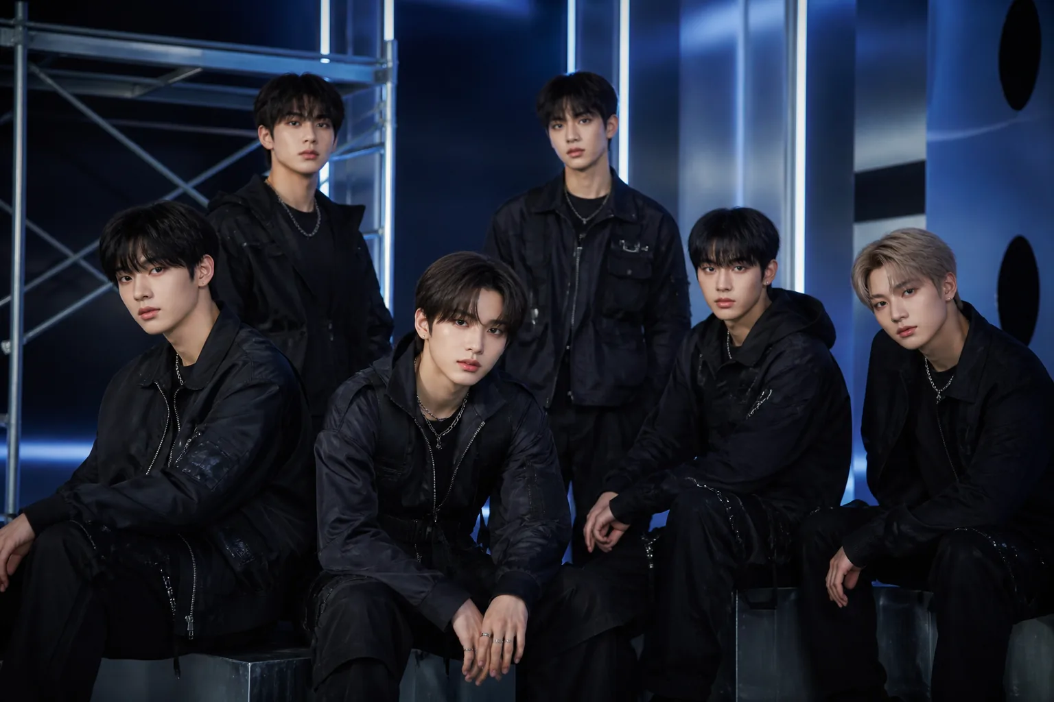 Modern K-pop performance stage representing a rising new group