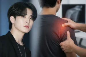K-pop performer preparing for a live vocal stage during recovery