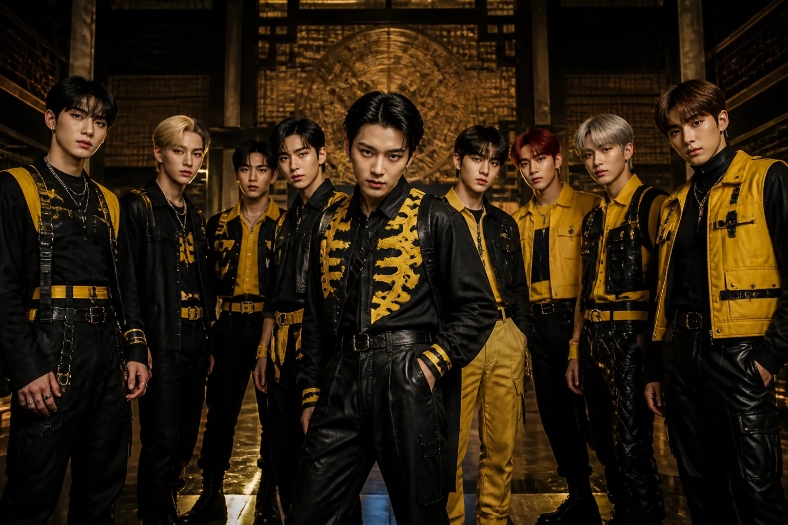 Stylized editorial image of a K-pop dance performance under dramatic stage lighting