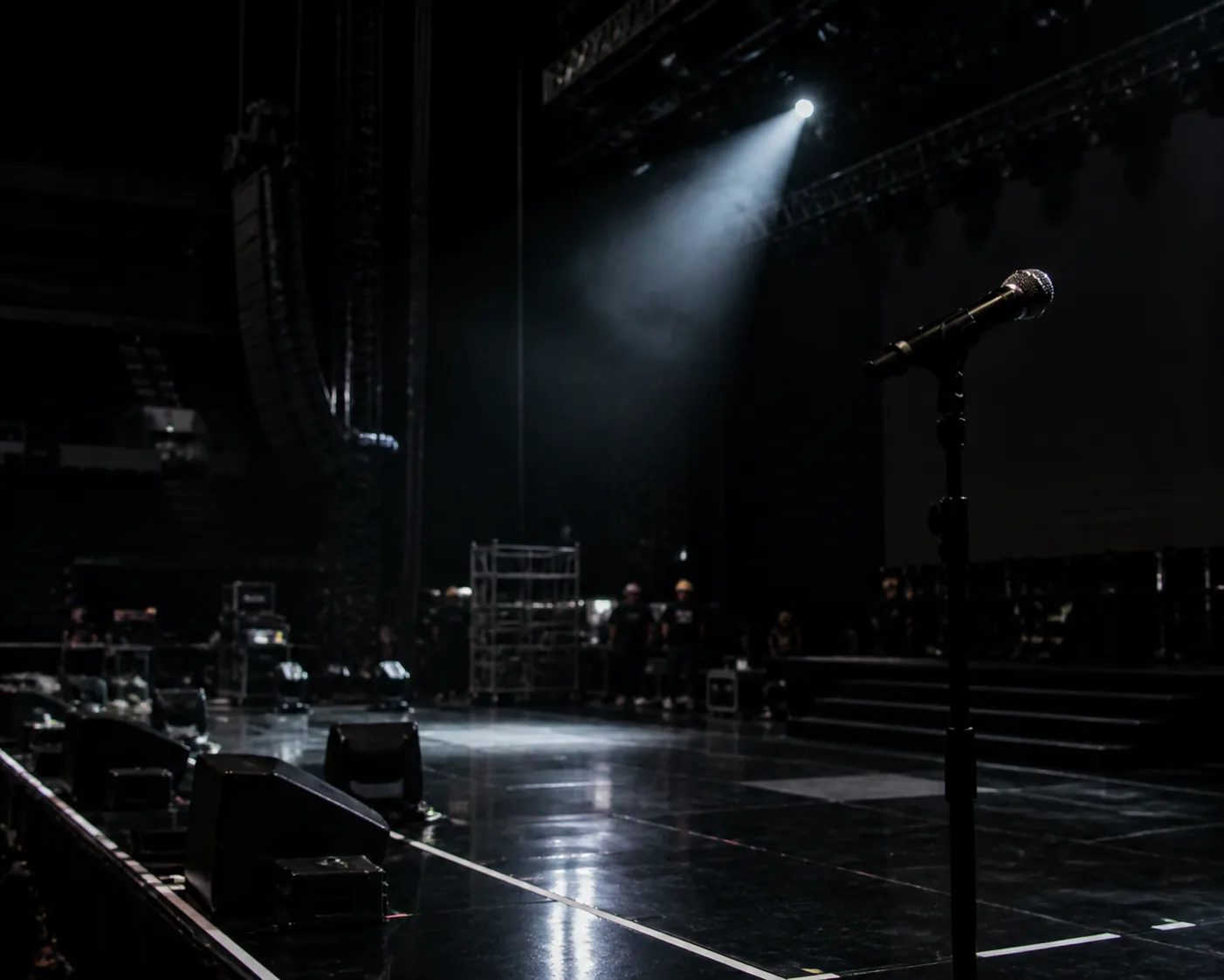 Concert venue seats facing an unoccupied illuminated stage