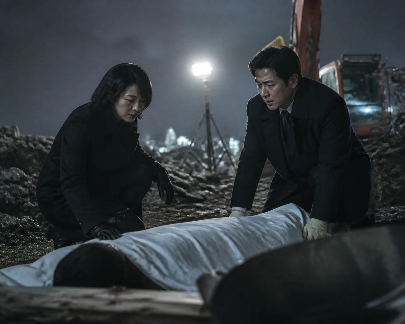 Cinematic demolition-site scene suggesting a Korean drama mystery