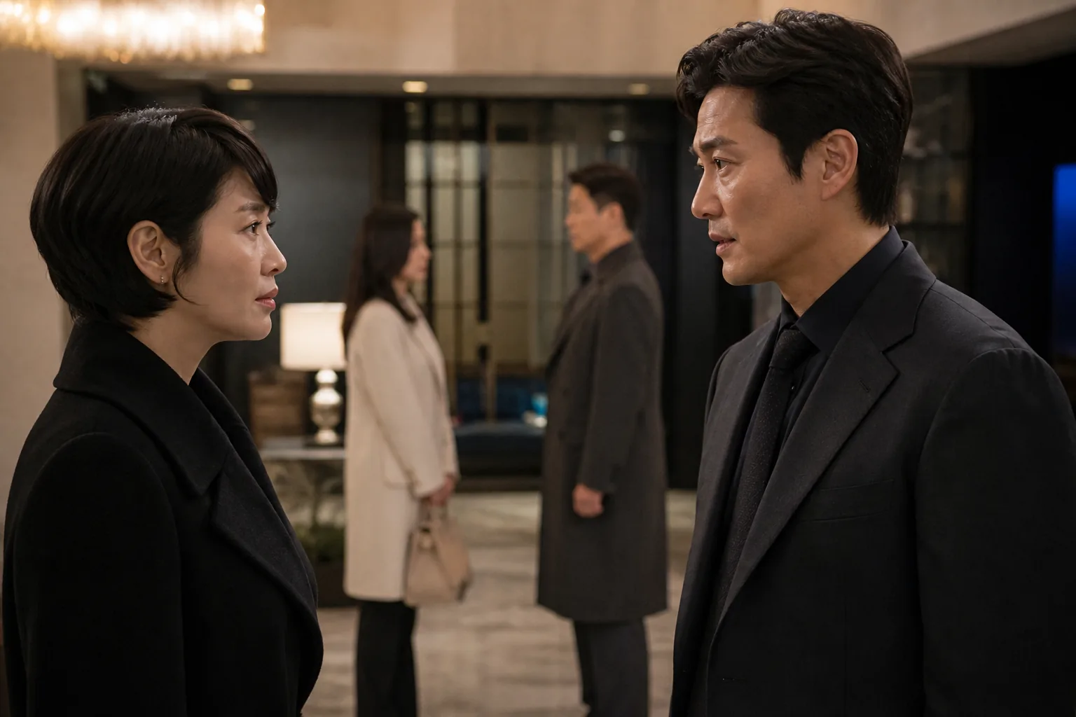 Tense private conversation between neighbors in a Korean drama