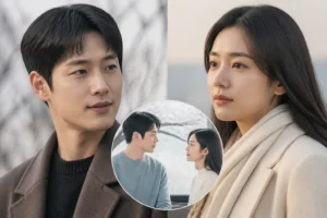 Korean romance drama couple standing together in a warm city setting