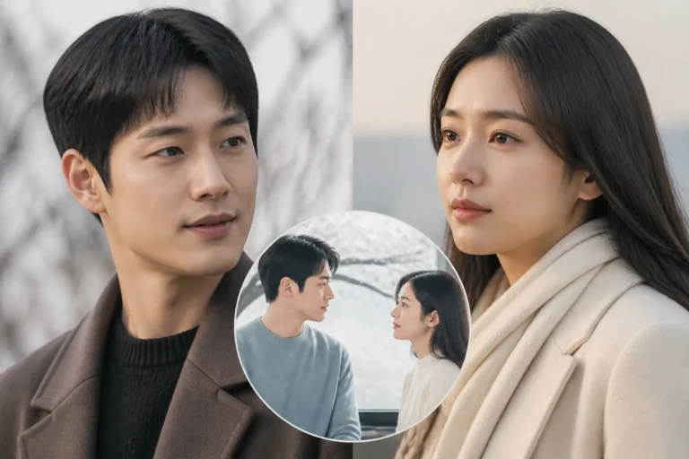 Korean romance drama couple standing together in a warm city setting