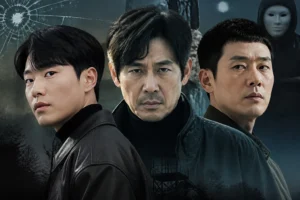 Moody Korean thriller scene with a detective and two men in pursuit