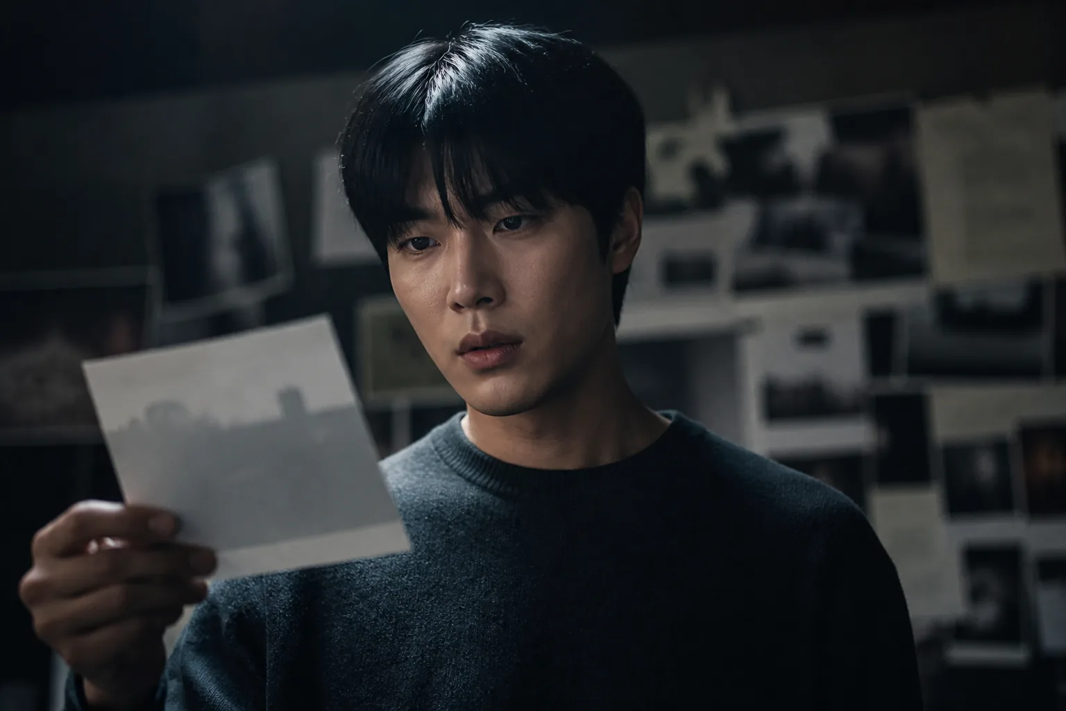 A reclusive writer studying clues in a dark apartment for a Korean thriller