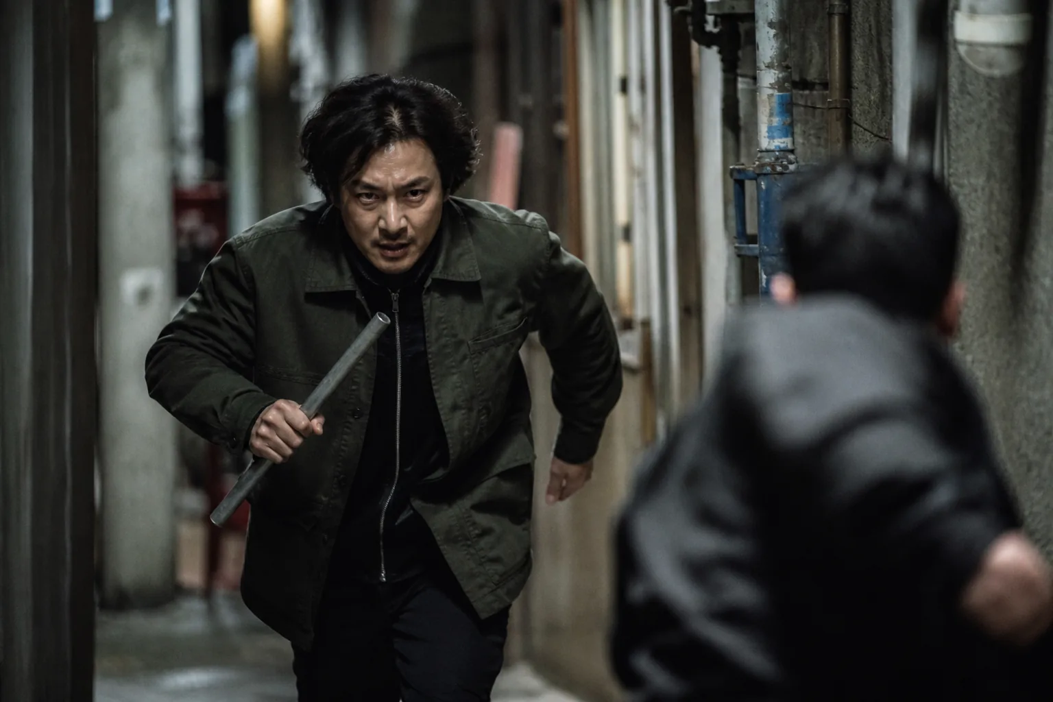 Korean detective reviewing case documents under dramatic office lighting