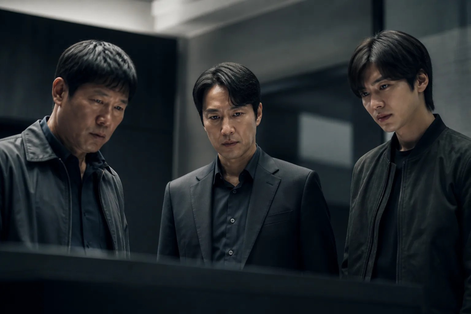 Investigators reviewing evidence in a tense Korean thriller setting