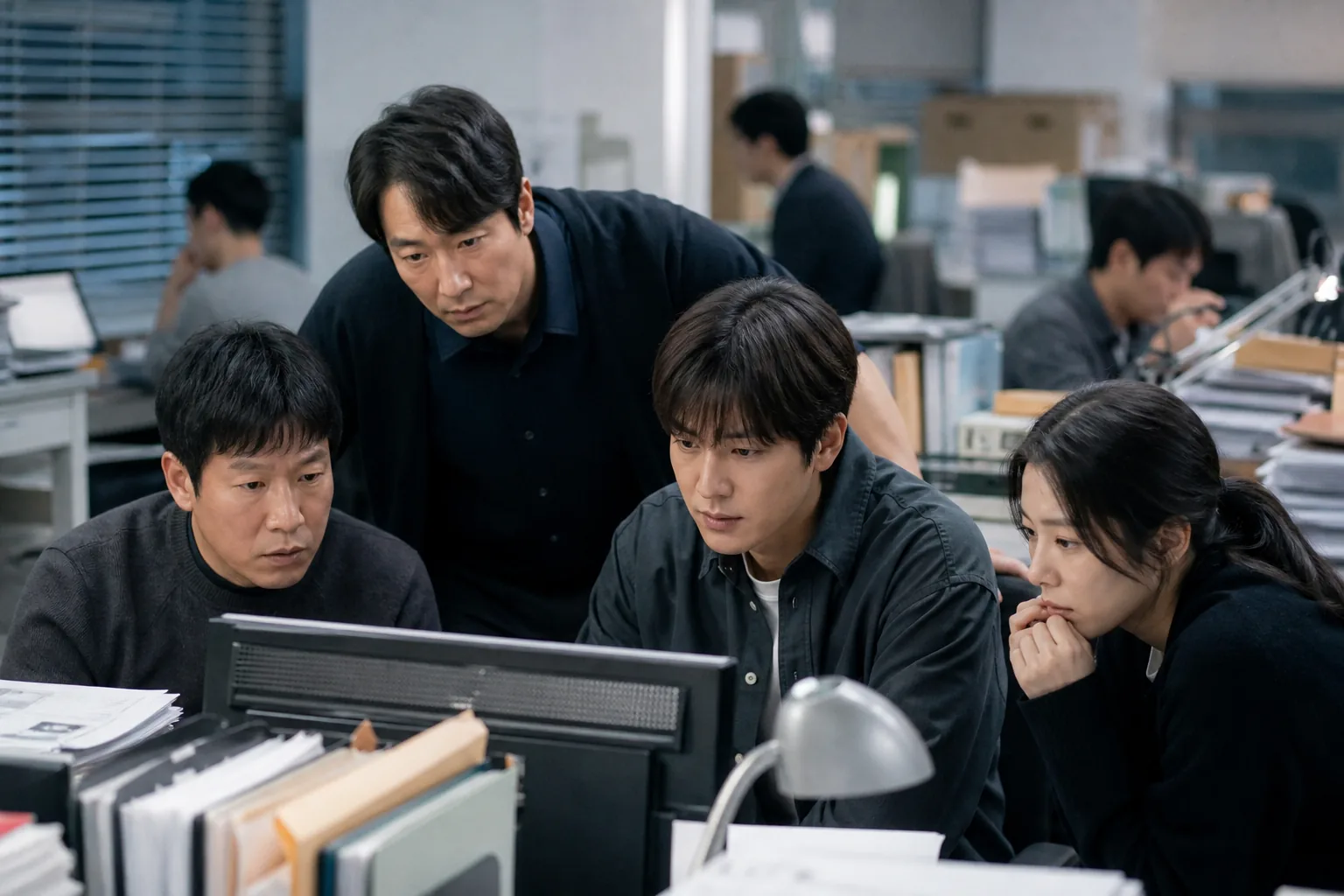 Journalists working together in a newspaper office during a high-pressure investigation
