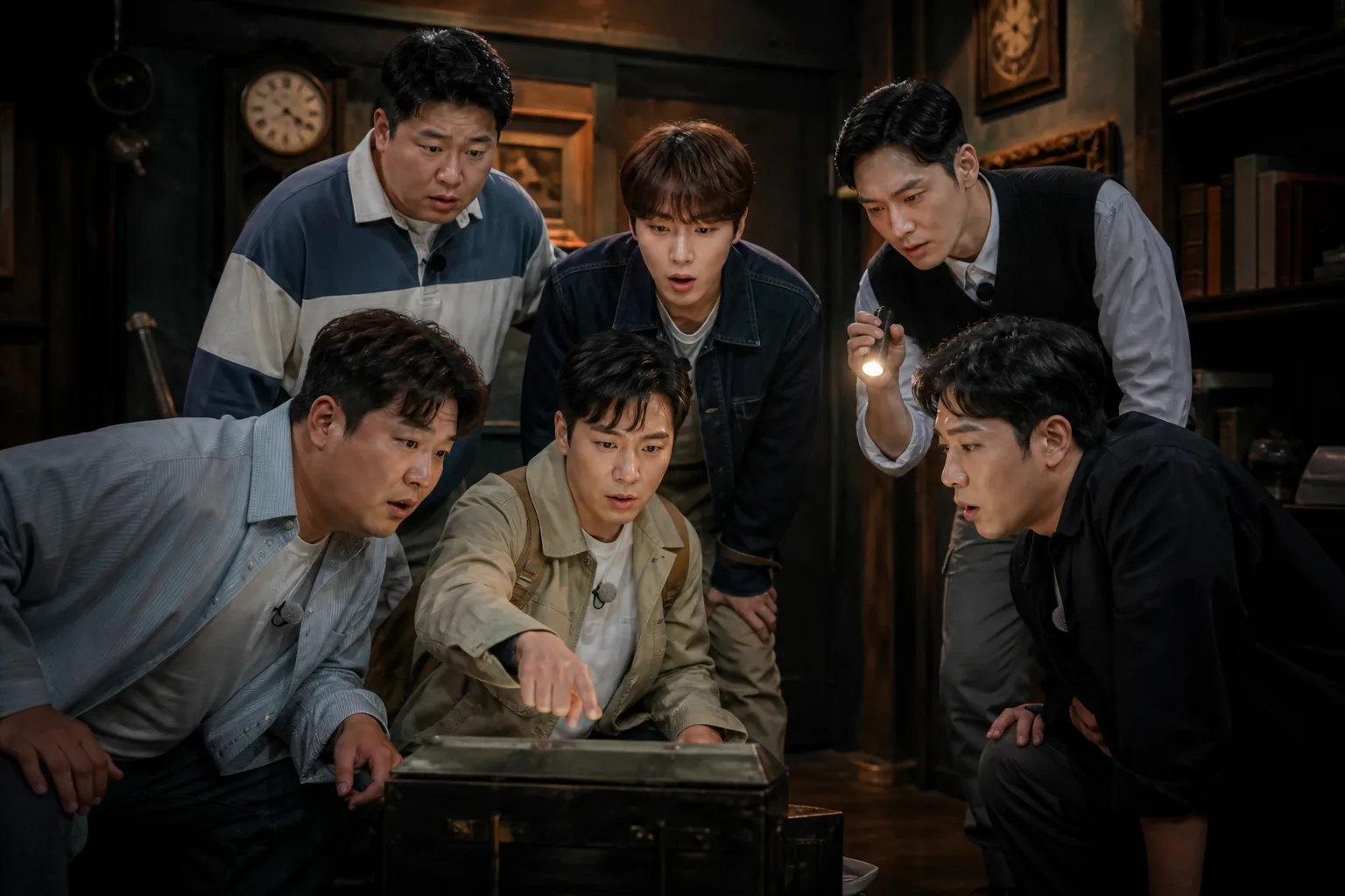 A team studying clues during an elaborate escape-room challenge