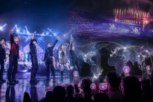 K-pop concert stage with colorful lights representing SM Entertainment's upcoming 2026 schedule