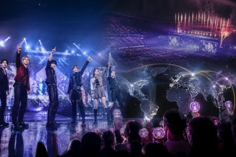 K-pop concert stage with colorful lights representing SM Entertainment's upcoming 2026 schedule