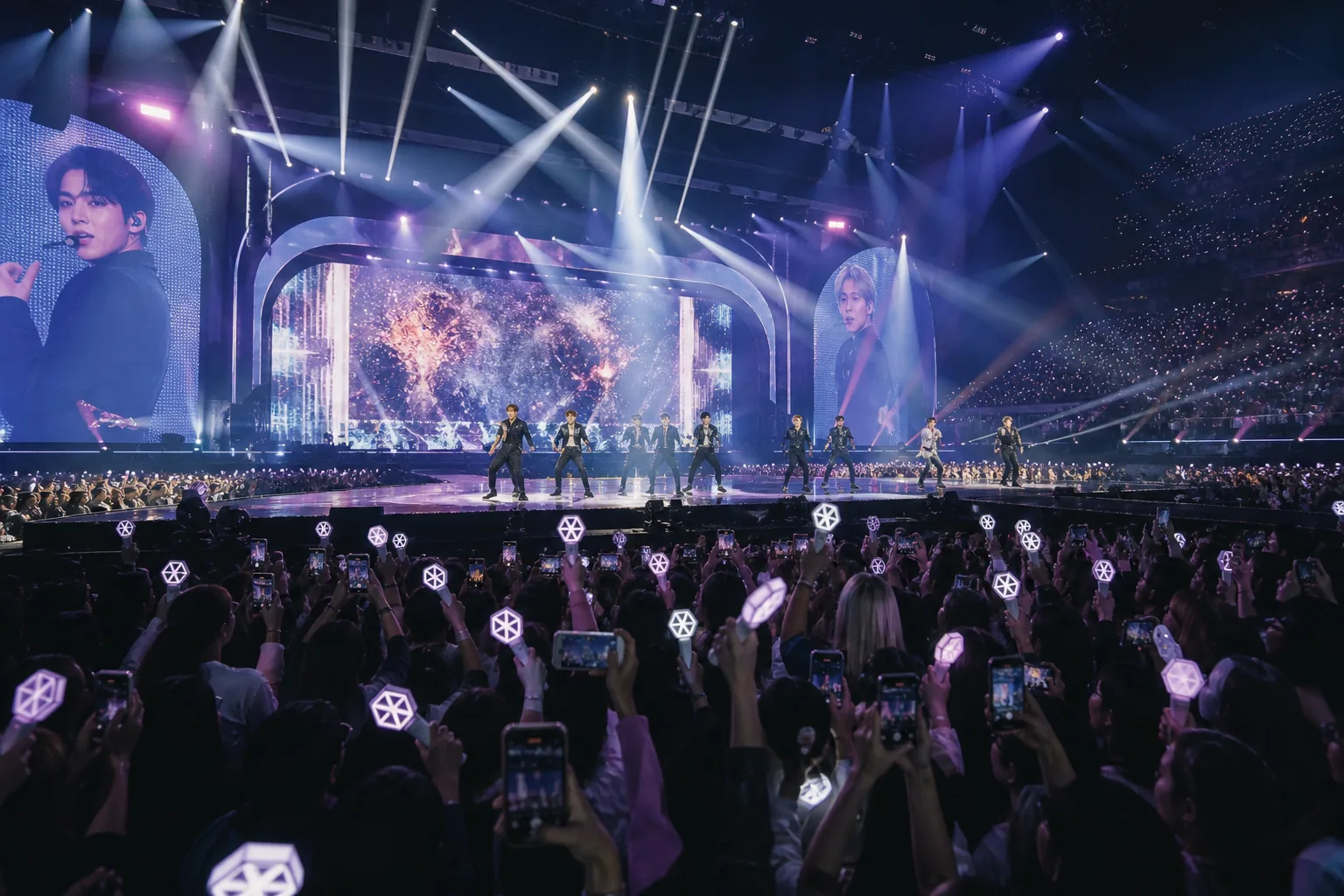 Arena concert lights and crowd visualizing an international K-pop touring schedule