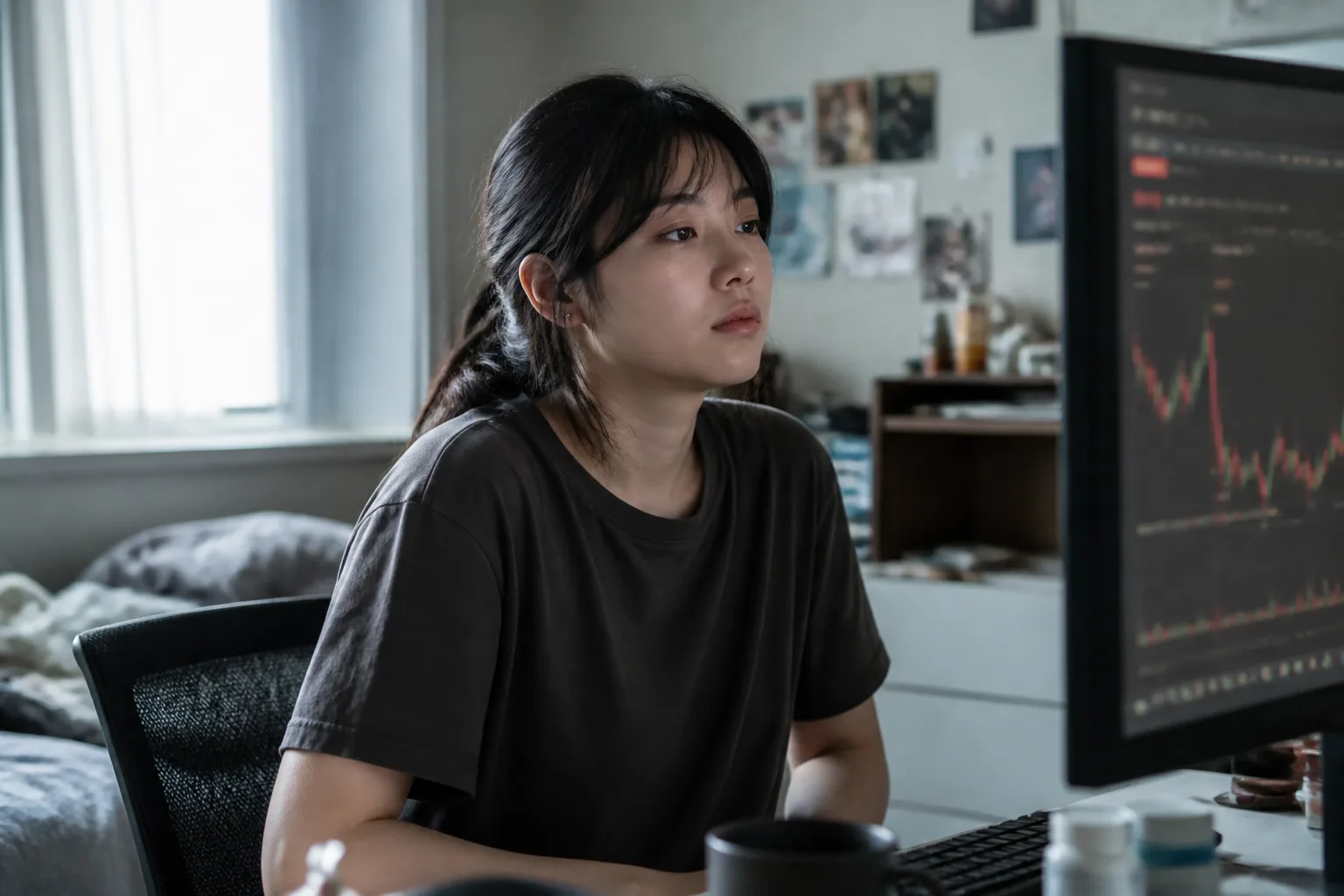 Cinematic visual of a Korean woman planning a difficult family journey