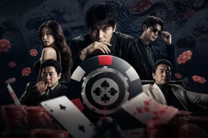 Cinematic casino table and playing cards for a Korean crime thriller