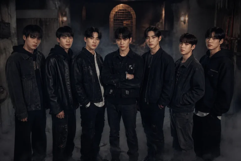 Editorial illustration of a K-pop group facing a suspenseful hide-and-seek challenge