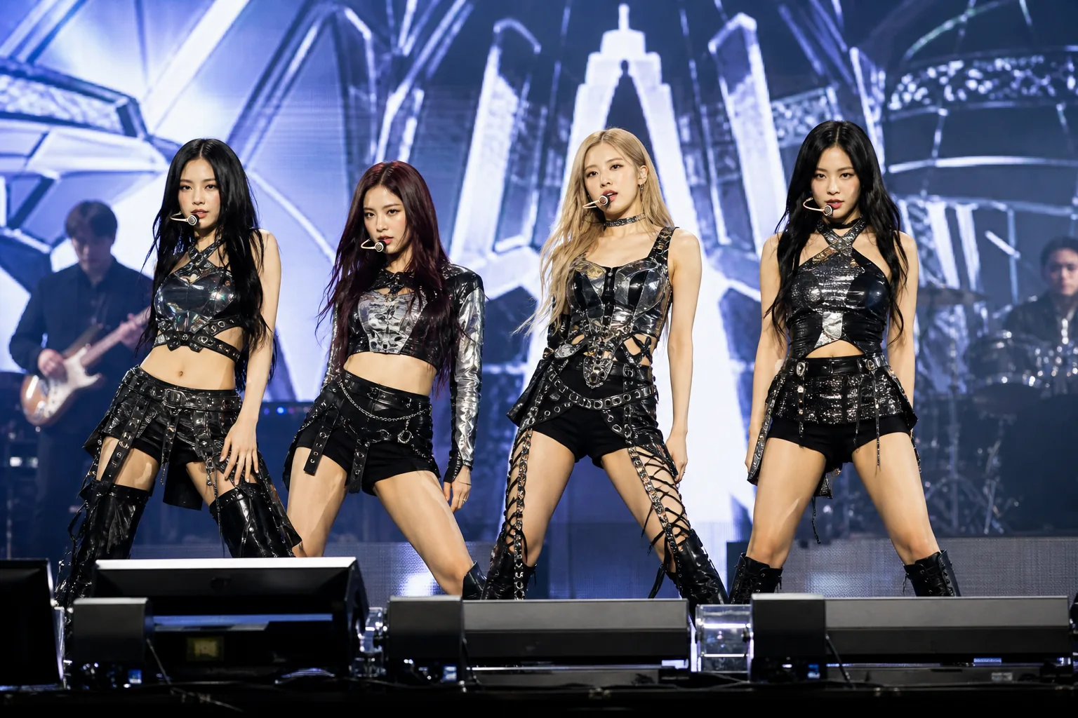 K-pop group performing with a live band at an outdoor music festival