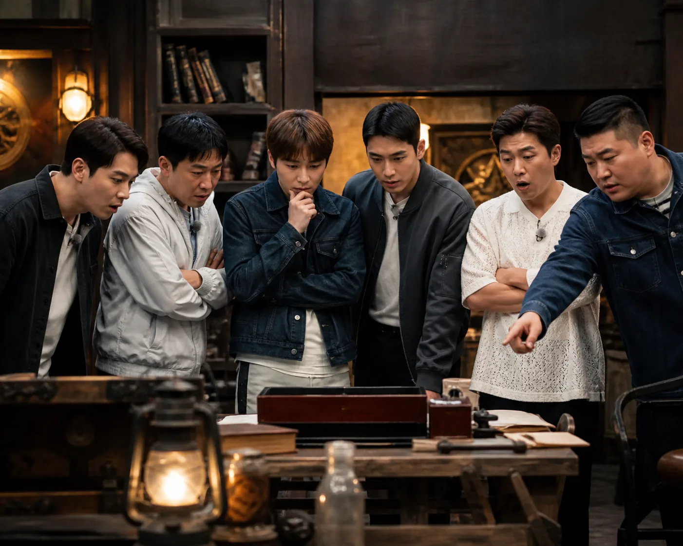 Editorial visualization of a new television variety cast preparing to solve a challenge together
