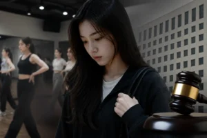 K-pop trainee rehearsing in a modern dance studio before debut