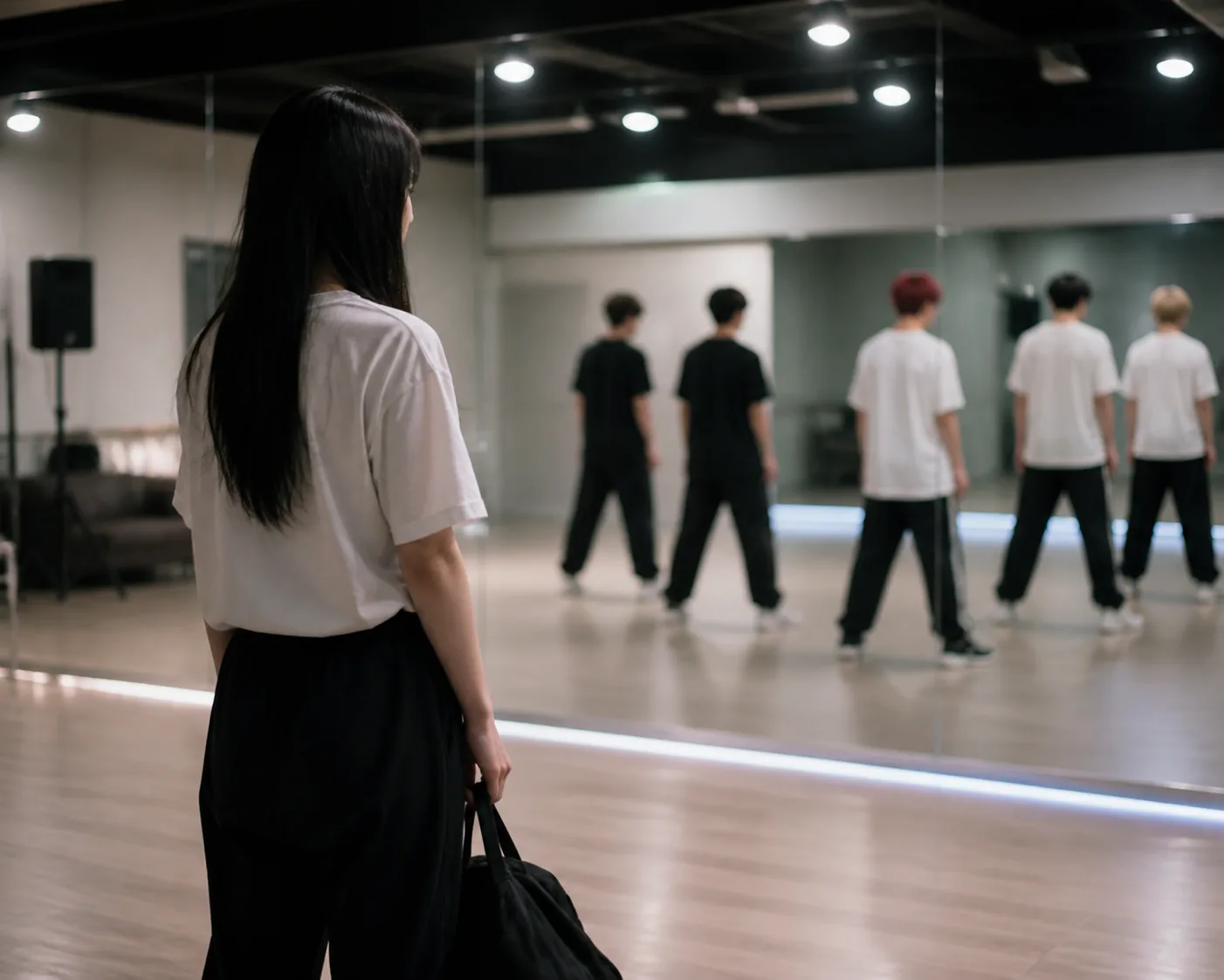 Empty K-pop rehearsal studio with dance mirrors and stage lighting
