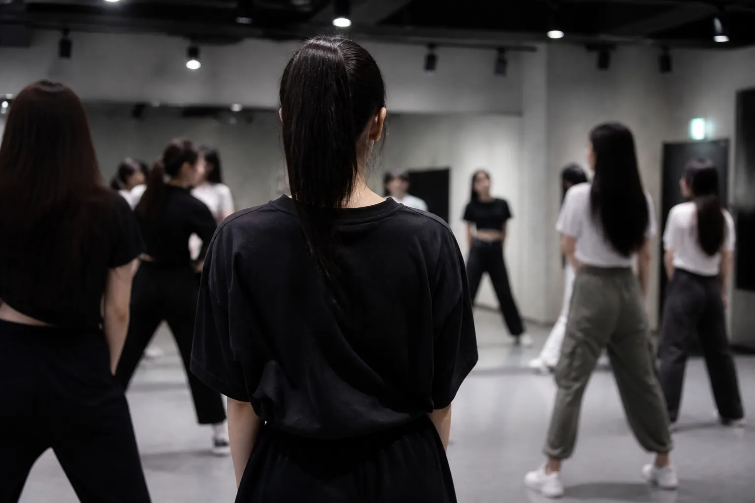 K-pop performance team practicing synchronized choreography in a studio