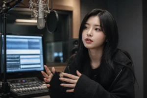 A modern recording studio prepared for a K-pop songwriting session