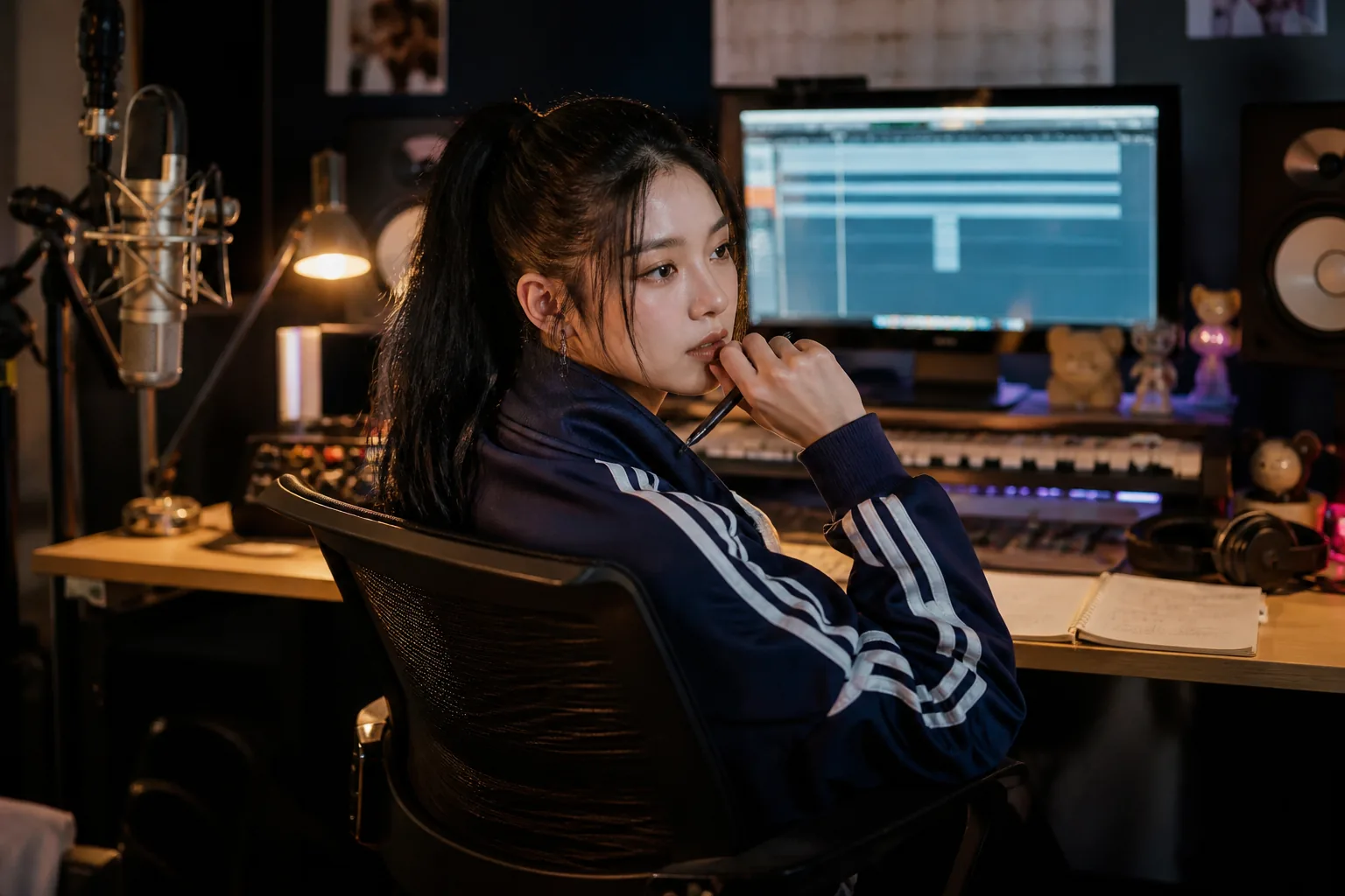 A young musician writing lyrics in a softly lit recording studio
